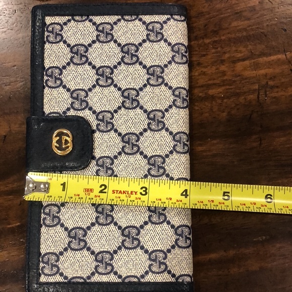 M GUCCI GG Monogram Navy Blue Leather Accent Long Bifold Wallet Vintage - Picture 14 of 17